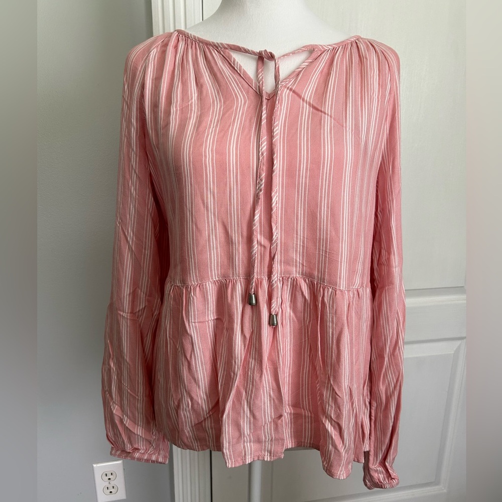 Time and Tru Pink & White Striped Top with Tie Detail & Bell Sleeves Size Small